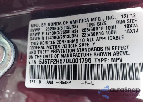 2013 Honda Crosstour Ex-L V6 z USA, uszkodzony, nr VIN 5J6TF2H57DL001796